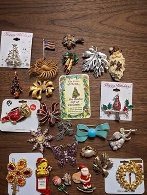 Assorted Holiday & Costume Brooch Pin Lot - Gold, Red, Green, Silver, Turquoise